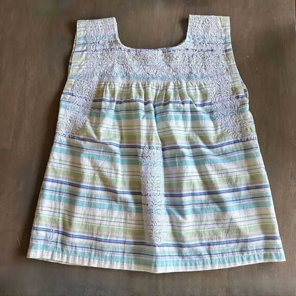 J. Marie Stripe embroidered Top size Medium Green Blue White - Picture 6 of 12